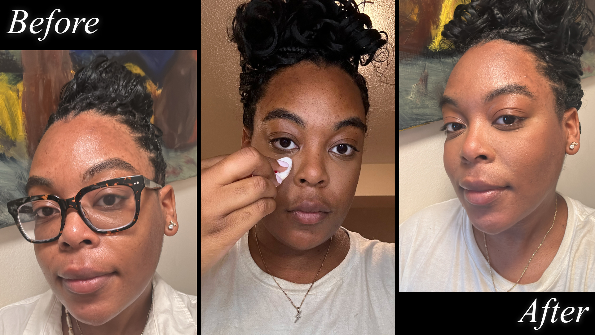 Ariel Baker testing Laura Mercier Secret Brightening Powder.