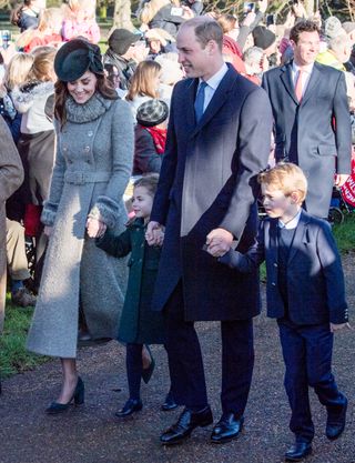 Prince William, Duke of Cambridge, Prince George of Cambridge, Catherine, Duchess of Cambridge and Princess Charlotte of Cambridge attend the Christmas Day Church service