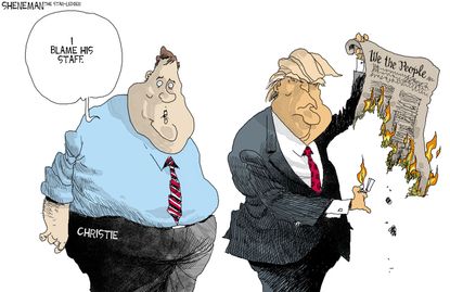 Political cartoon U.S. Chris Christie President Trump destroys Constitution