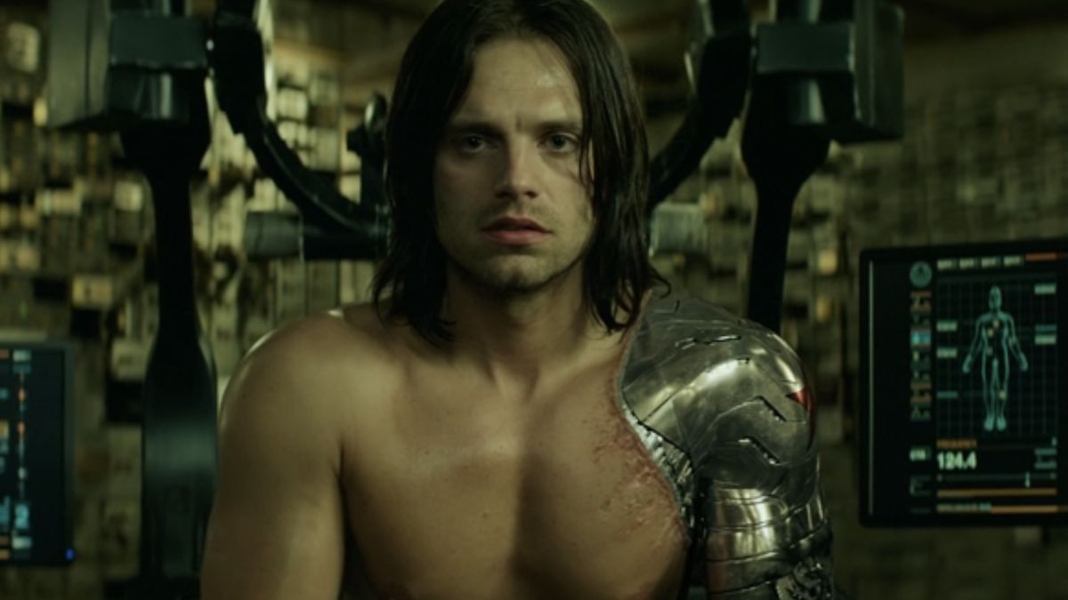 Sebastian Stan shirtless and confused in The Winter Soldier