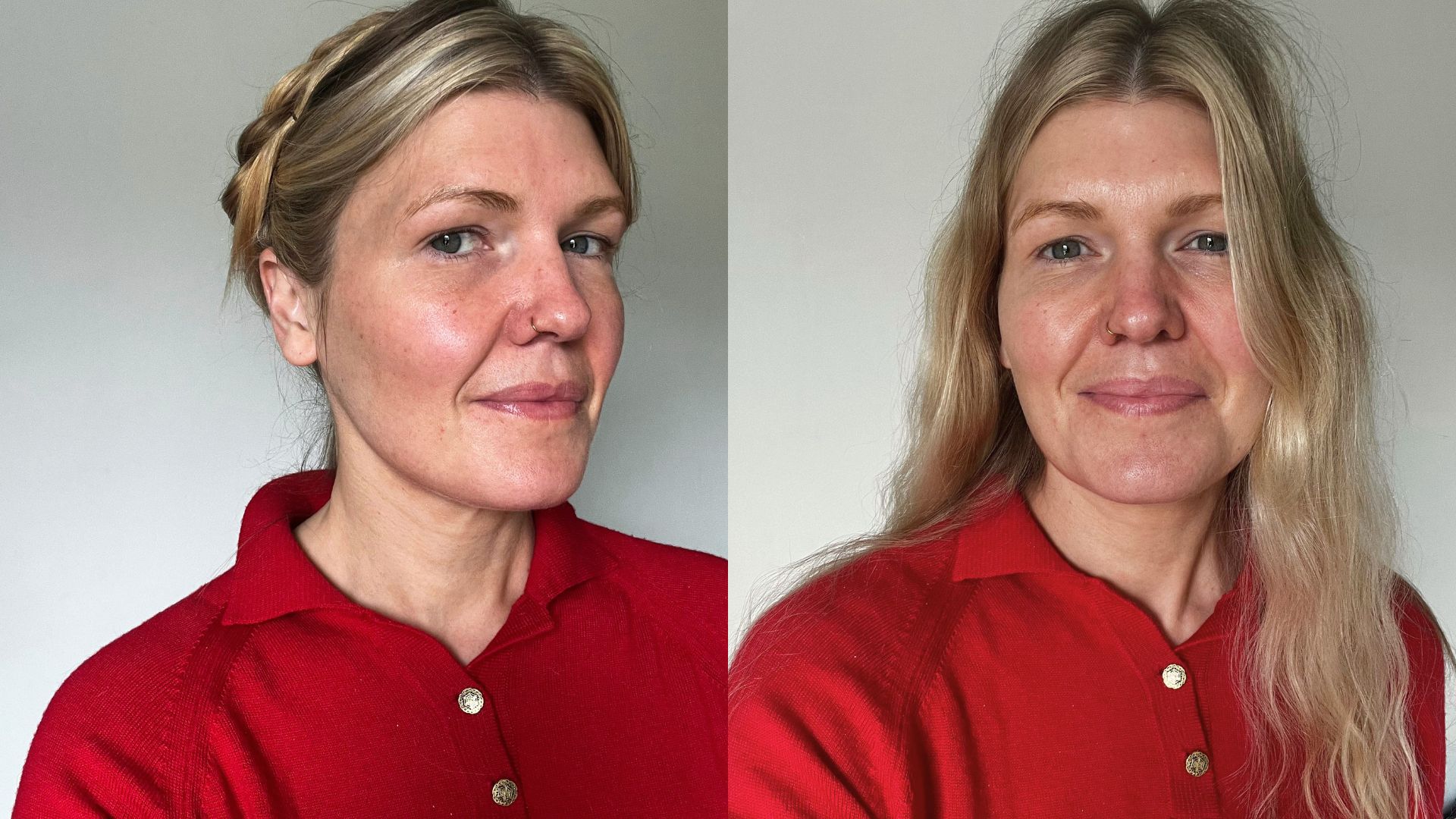 Fiona mckim pictured in a red jumper with her hair twisted and pinned up beside another image of the hair taken down with a wavy texture