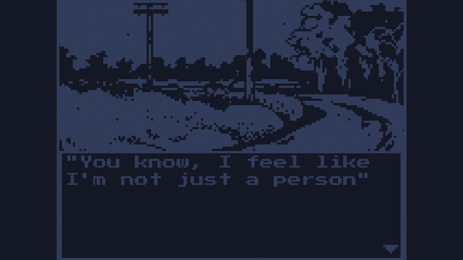 A screenshot from The Winter Mind showing a highly pixellated country road and a text caption reading &amp;quot;You know, I feel like I&#039;m not just a person&amp;quot;