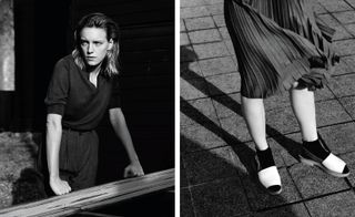 Two images- Left-Model wearing trousers and a top leaning on a rail with hands, Right- Showing models legs with skirt and sandals