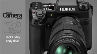 Fujifilm X-H2 camera with lens on a grey background with Black Friday early deal badge