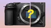 Half a Nikon Z30 and half a Nikon ZR placed side-by side on pink gradient with yellow question mark in the middle 