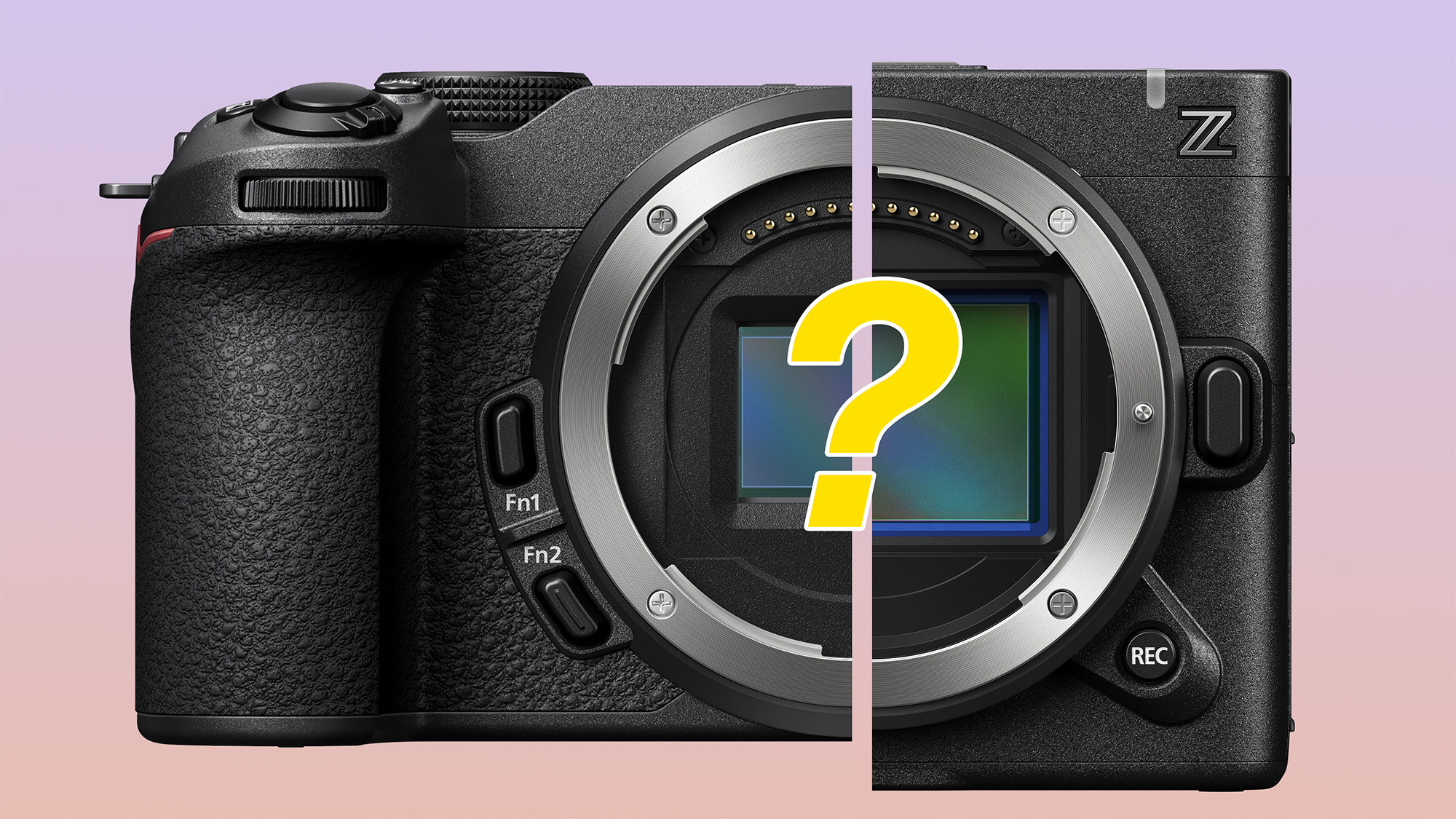 Half a Nikon Z30 and half a Nikon ZR placed side-by side on pink gradient with yellow question mark in the middle 