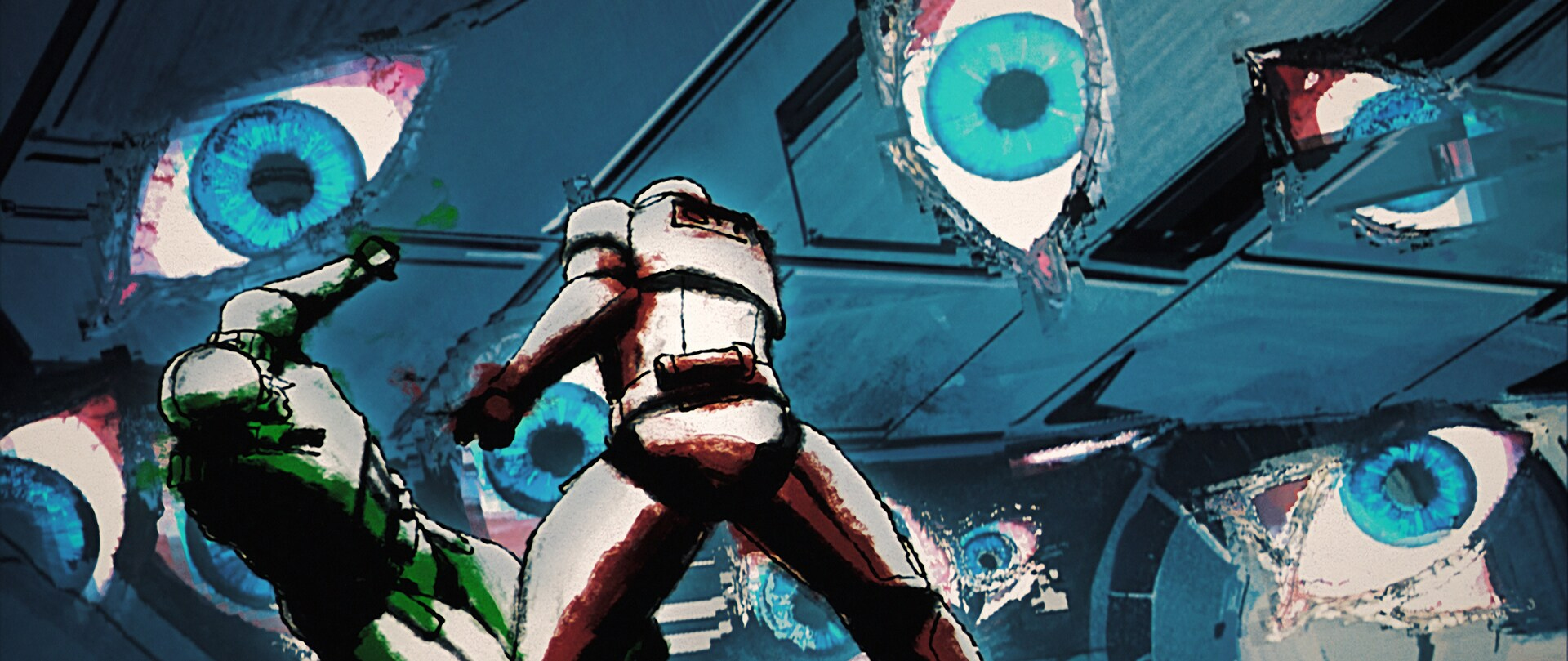 A stormtrooper facing down a swarm of hallucinatory eyeballs