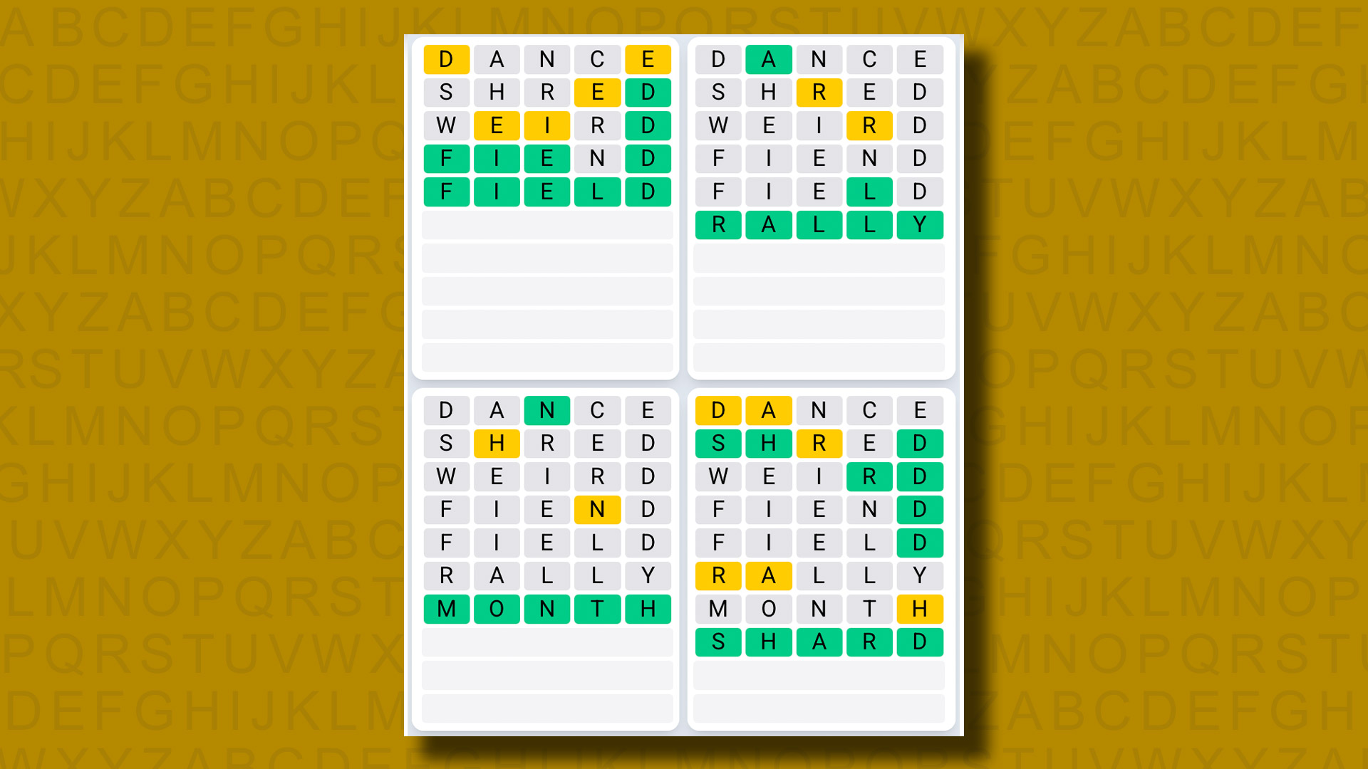Quordle Daily Sequence answers for game 1314 on a yellow background