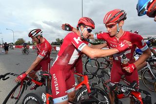 Alexander Kristoff celebrates with his Katusha teammates