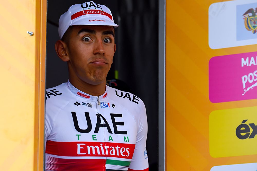 Sebastian Molano (UAE Team Emirates) steps onto the podium stage after winning stage 3 at Tour Colombia