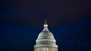 a domed white building lit up at night