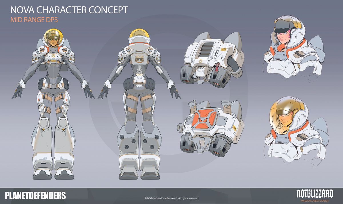 A drawing of a sci-fi character in different poses along with accessories