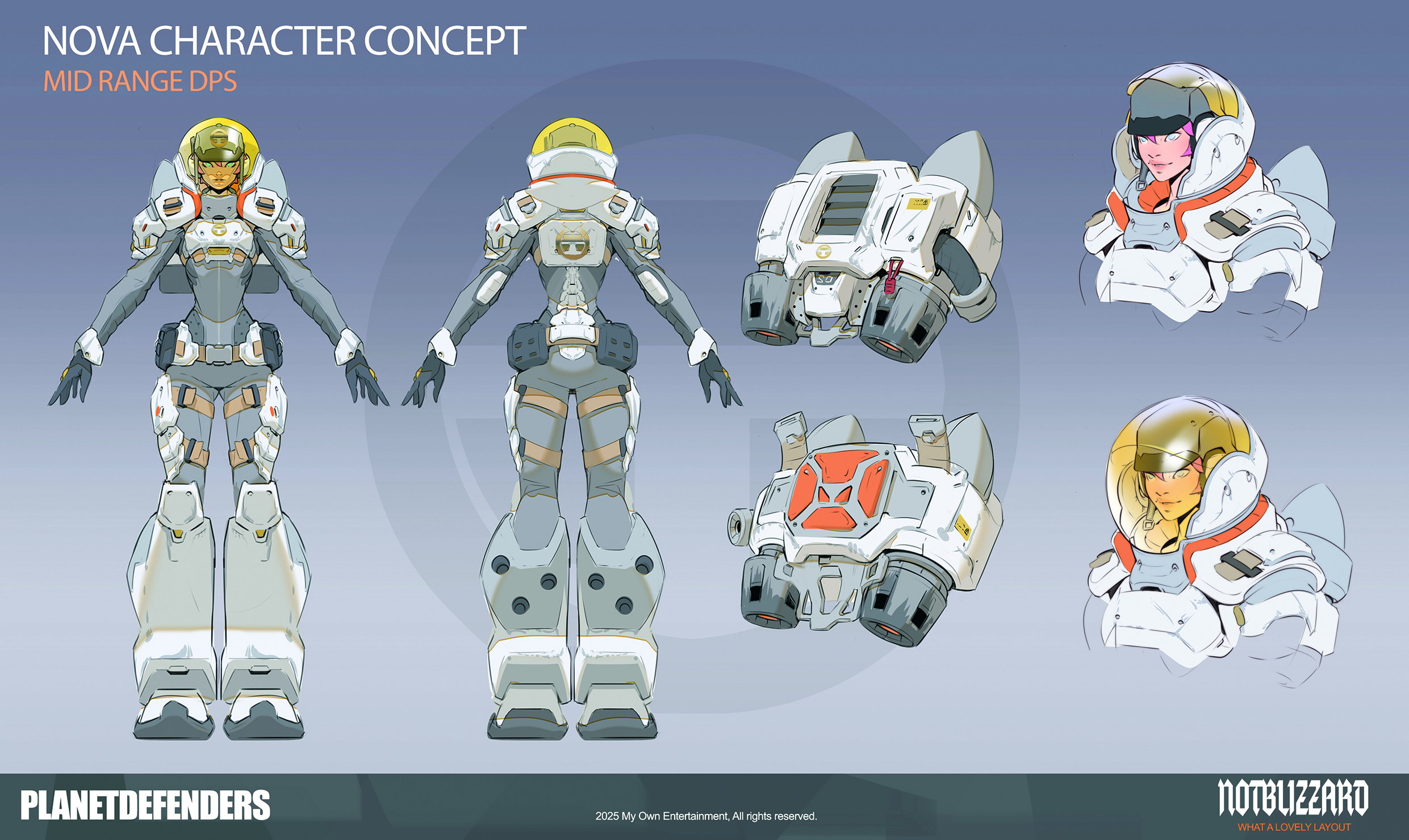 A drawing of a sci-fi character in different poses along with accessories
