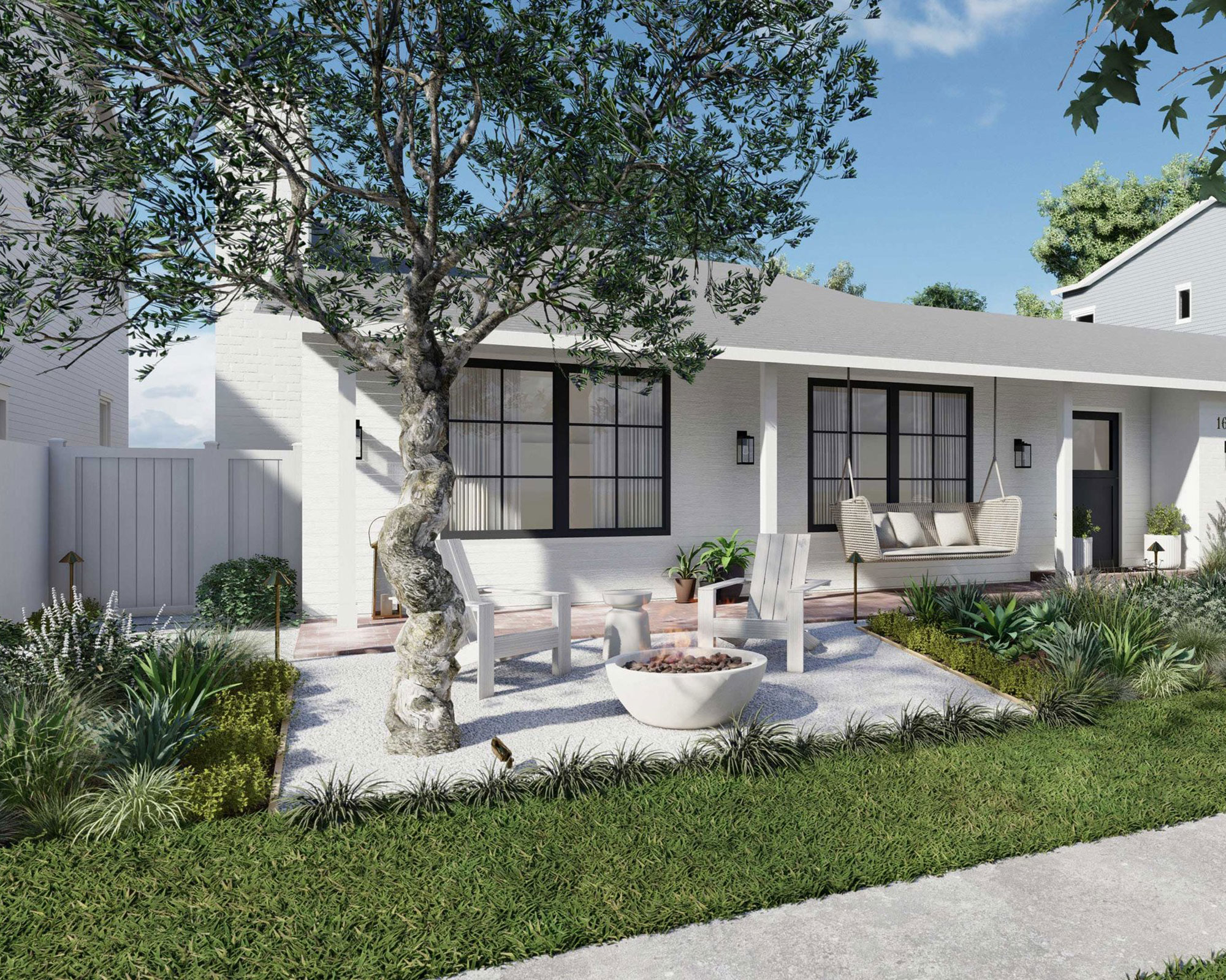 small front yard patio with garden furniture and firepit, surrounded by lawn and planting