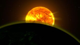 Artist&#039;s illustration of a hot Jupiter exoplanet.