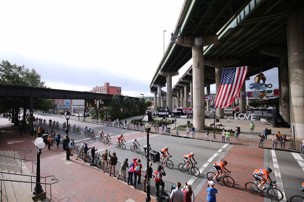 Elite men race for 16 laps around the city circuit in Richmond