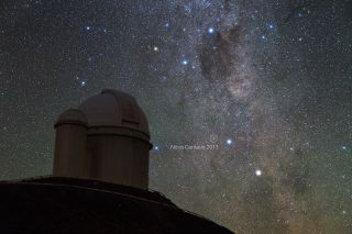 Nova Centauri 2013 appeared in the sky alongside its two bright companions, Alpha and Beta Centauri, only recently. Here, Nova Centauri 2013 appears behind the silhouette of ESO's La Silla Observatory.