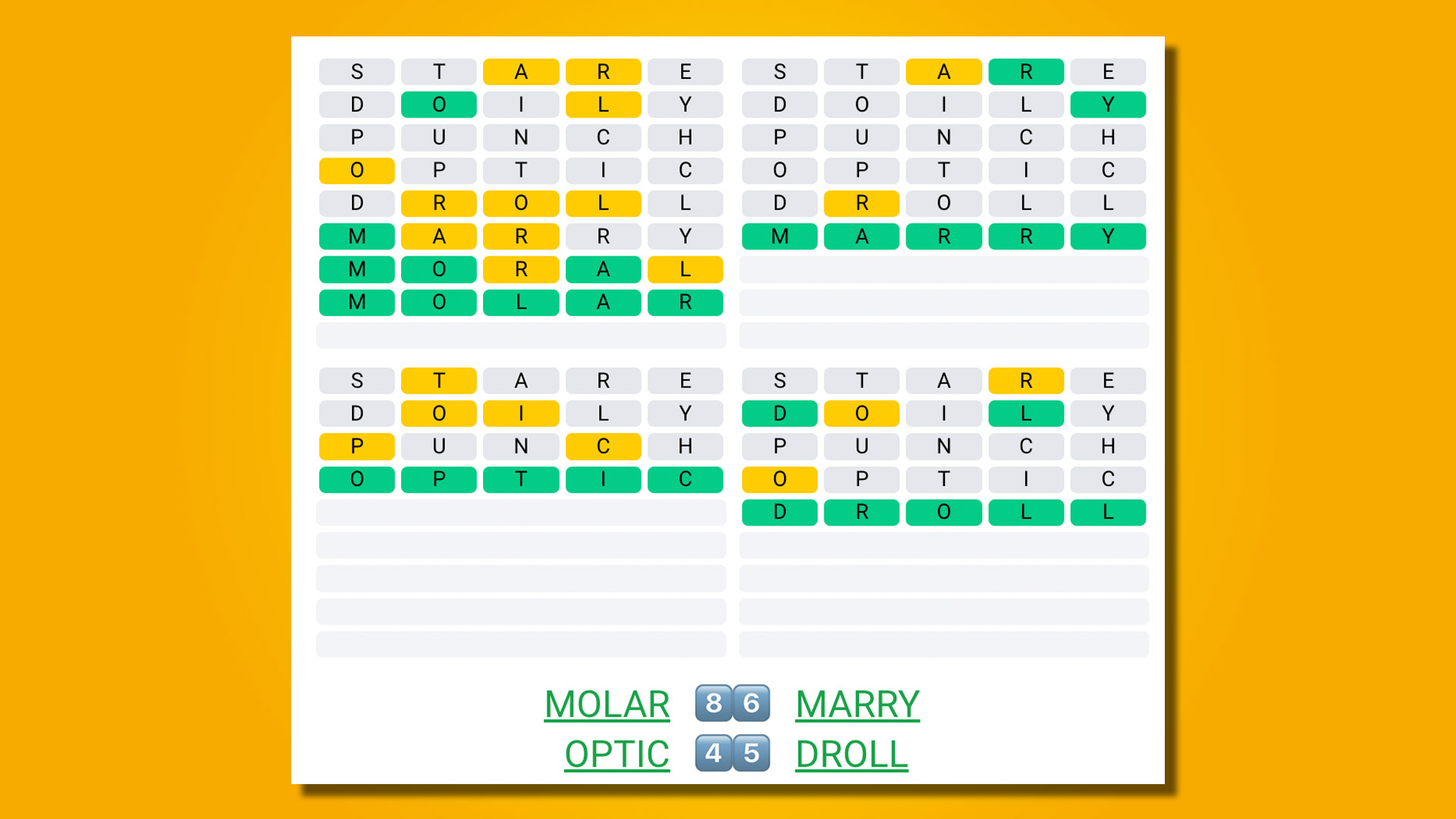 Quordle 409 answers on a yellow background