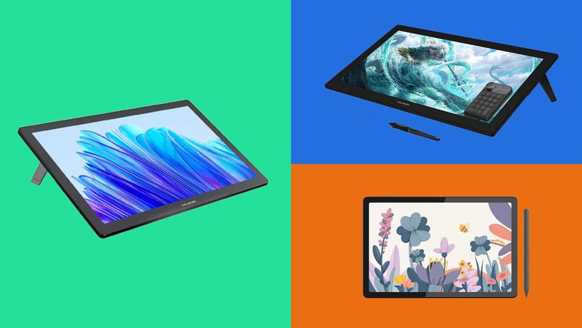 Three black drawing displays on a colourful background