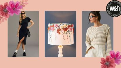 A selection of the best deals from the Anthropologie Cyber Monday sale 2023, on a pink background with pink floral graphics.