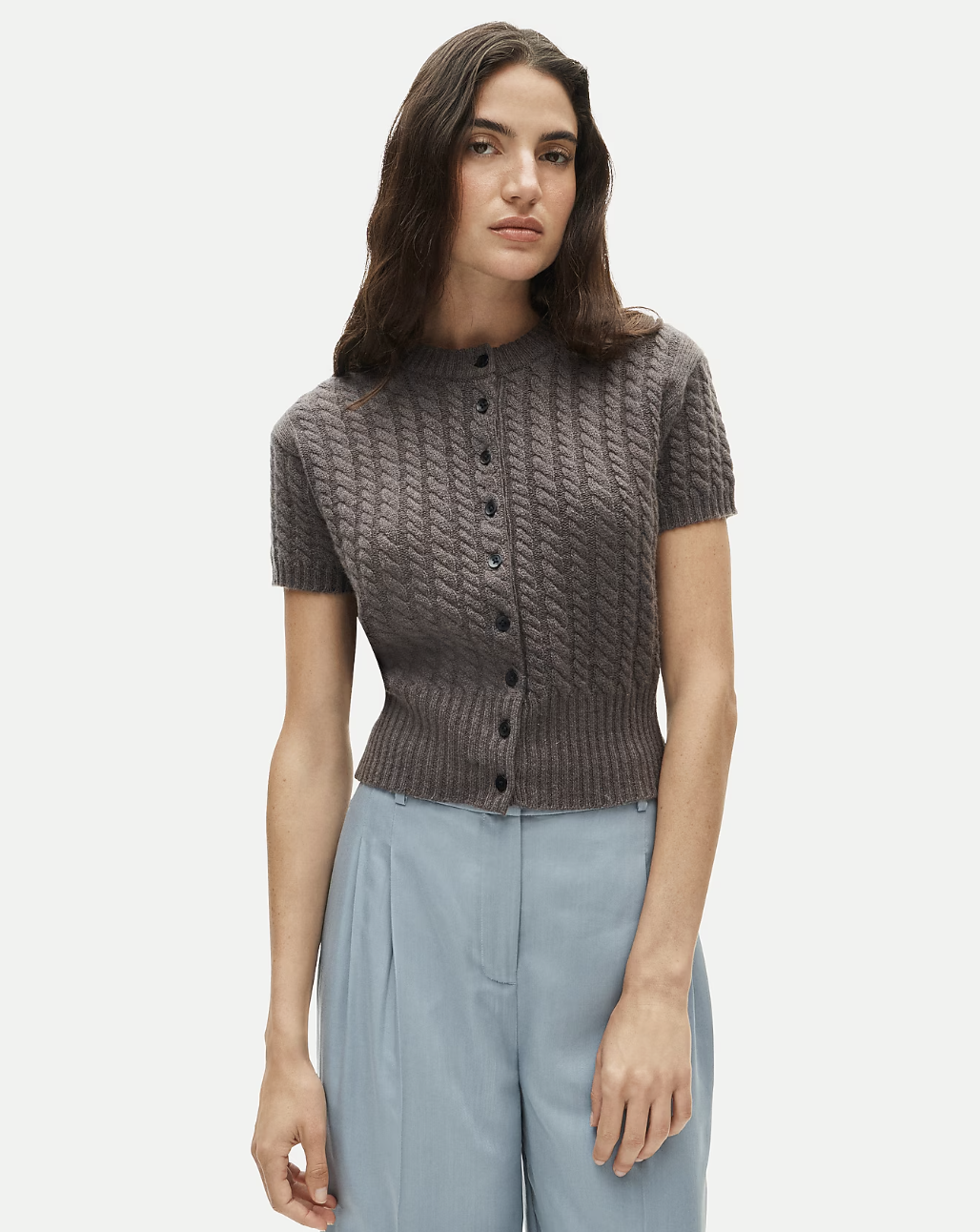Cashmere Short-Sleeve Cable-Knit Cardigan