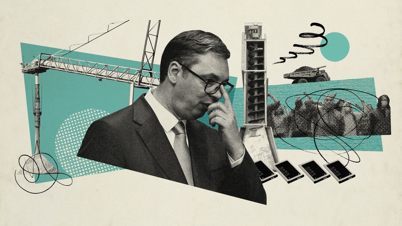 Photo collage of Aleksandar Vucic and lithium mining operations in the background, with a cutout of protesters, and lithium-ion batteries.