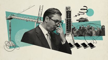 Photo collage of Aleksandar Vucic and lithium mining operations in the background, with a cutout of protesters, and lithium-ion batteries.