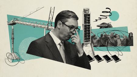 Photo collage of Aleksandar Vucic and lithium mining operations in the background, with a cutout of protesters, and lithium-ion batteries.