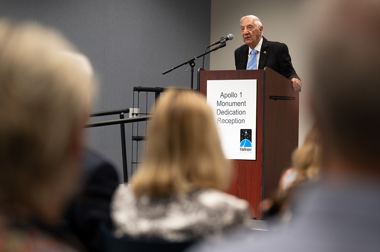 Lowell Grissom, brother of Apollo 1 astronaut Virgil "Gus" Grissom, delivers remarks at a reception following the dedication of the Apollo 1 monument, Thursday, June 2, 2022, in the Reception Hall of the Military Women's Memorial at Arlington National Cemetery in Arlington, Va.