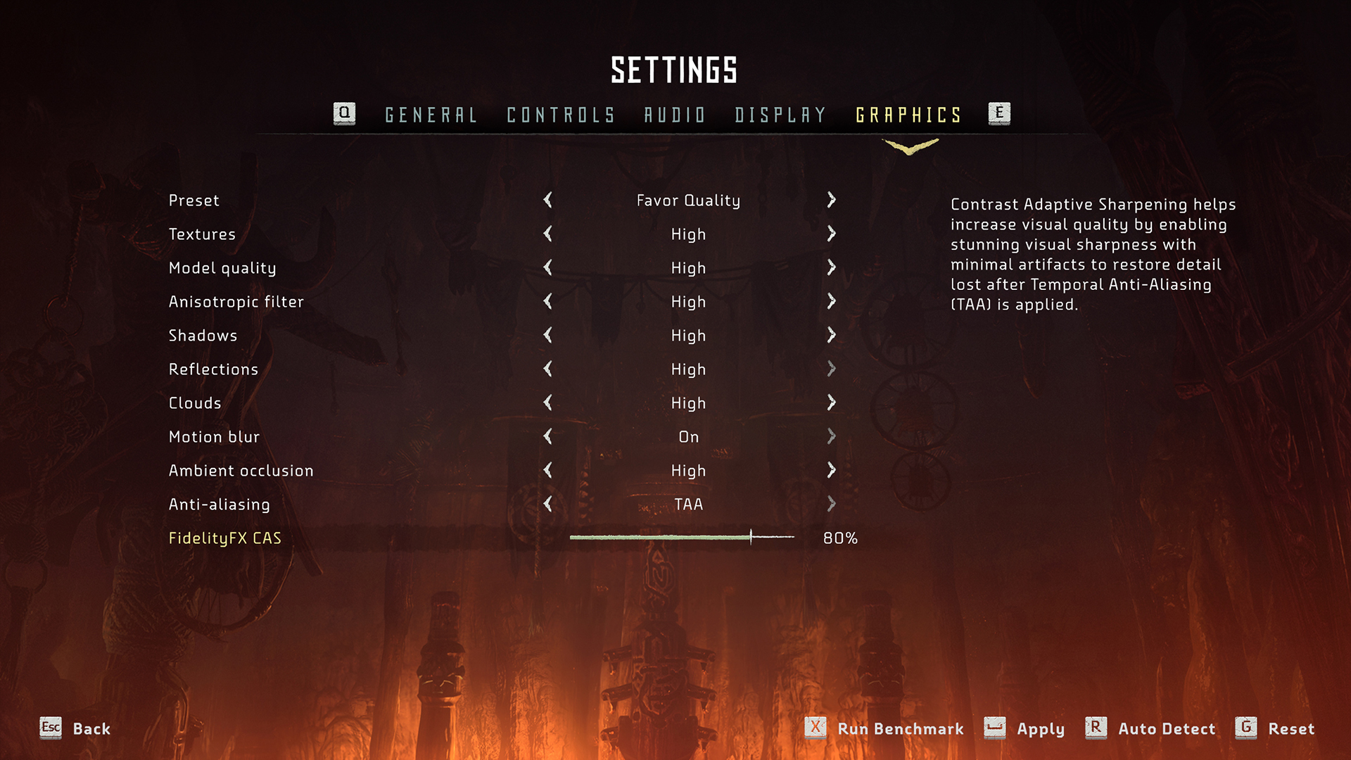The options menu for Horizon Zero Dawn, FidelityFX Contrast Adaptive Sharpening is selected.
