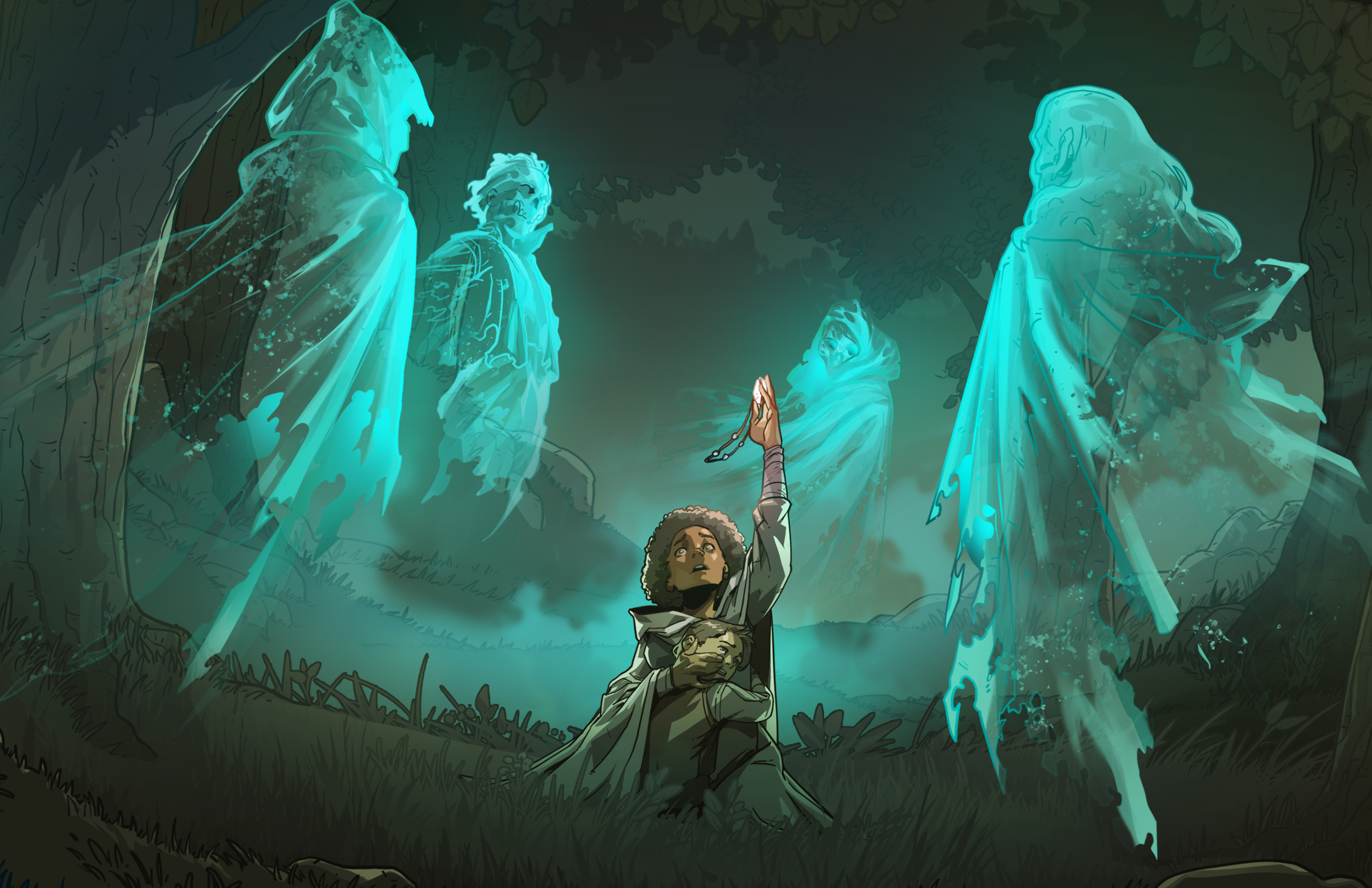 A young child holding ghosts at bay with an amulet in Legend in the Mist.