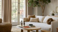 living room in neutral colors with white sofa, oak coffee table, and large plant