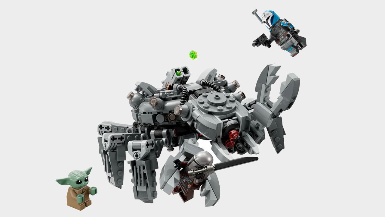 Lego Spider Tank being attacked by Bo-Katan, the Mandalorian, and Grogu