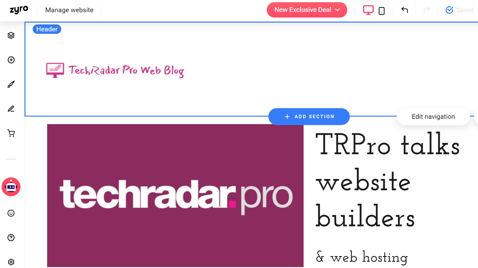 A screenshot of a TechRadar Pro blog created using Zyro website builder
