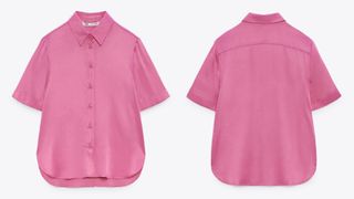 composite of flat lay of pink zara satin effect pajama shirt