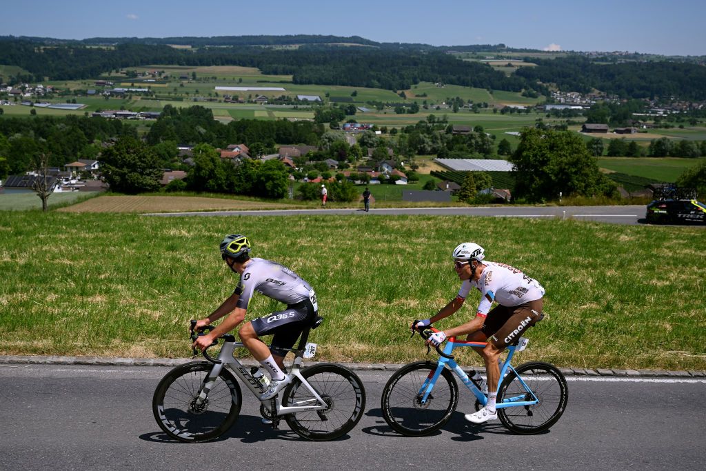NOTTWIL SWITZERLAND JUNE 12 LR Nickolas Zukowsky of Canada and Q365 Pro Cycling Team and Michael Schr of Switzerland and Ag2R Citron Team compete in the breakaway during the 86th Tour de Suisse 2023 Stage 2 a 1737km stage from Beromnster to Nottwil UCIWT on June 12 2023 in Nottwil Switzerland Photo by Dario BelingheriGetty Images