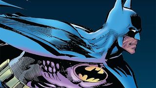 Neal Adams drawing of Batman featuring his blue-and-gray costume with white eyes and a yellow circle around his bat symbol