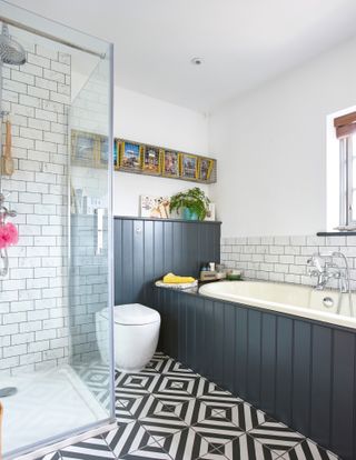 modern bathroom with white tiles grey panelling