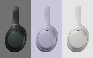 Sony WH-1000XM4C headphones in lavender, black and 'platinum silver', with backgrounds in the same color
