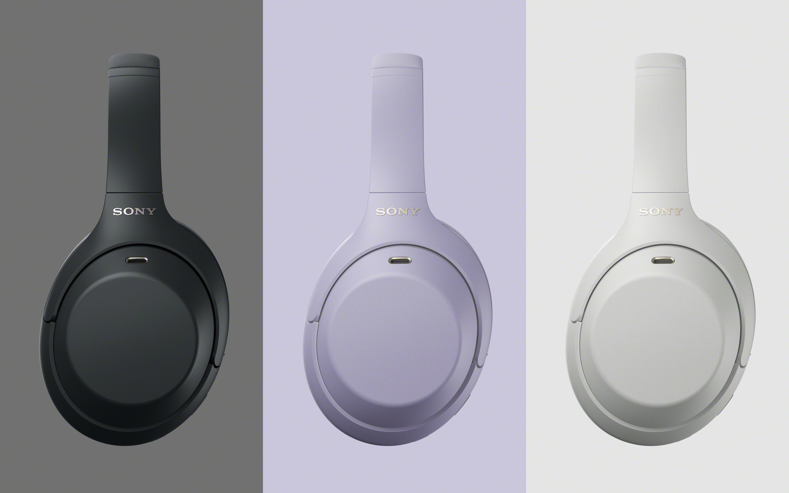 Sony WH-1000XM4C headphones in lavender, black and 'platinum silver', with backgrounds in the same color