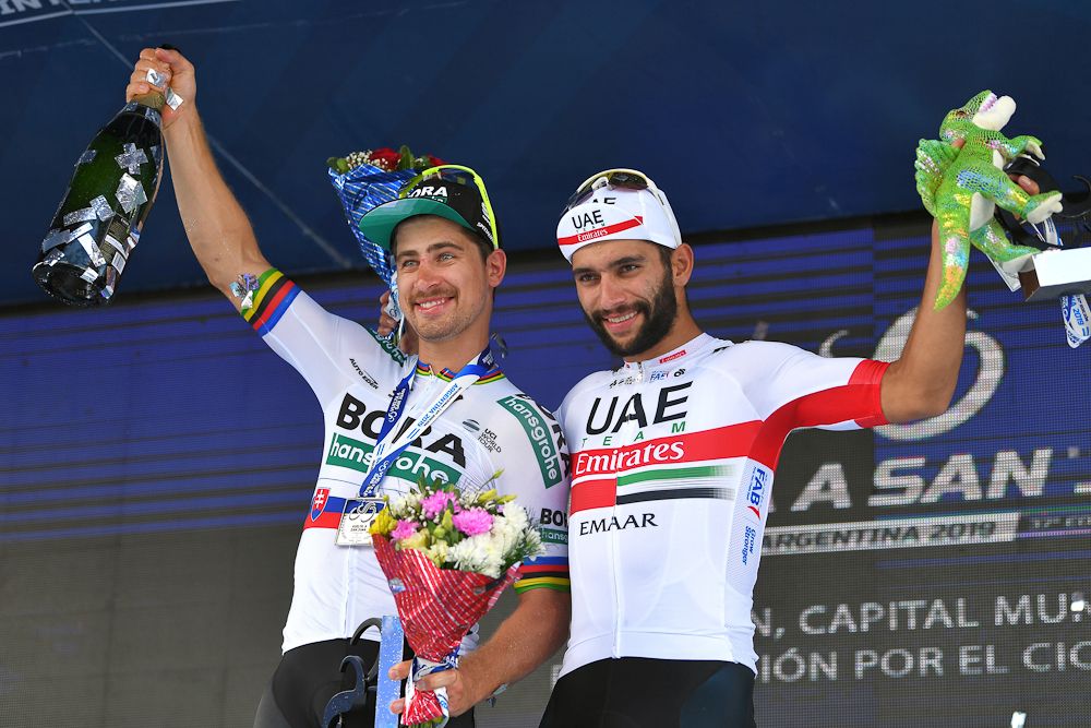 Fernando Gaviria and Peter Sagan on the stage 4 podium in San Juan