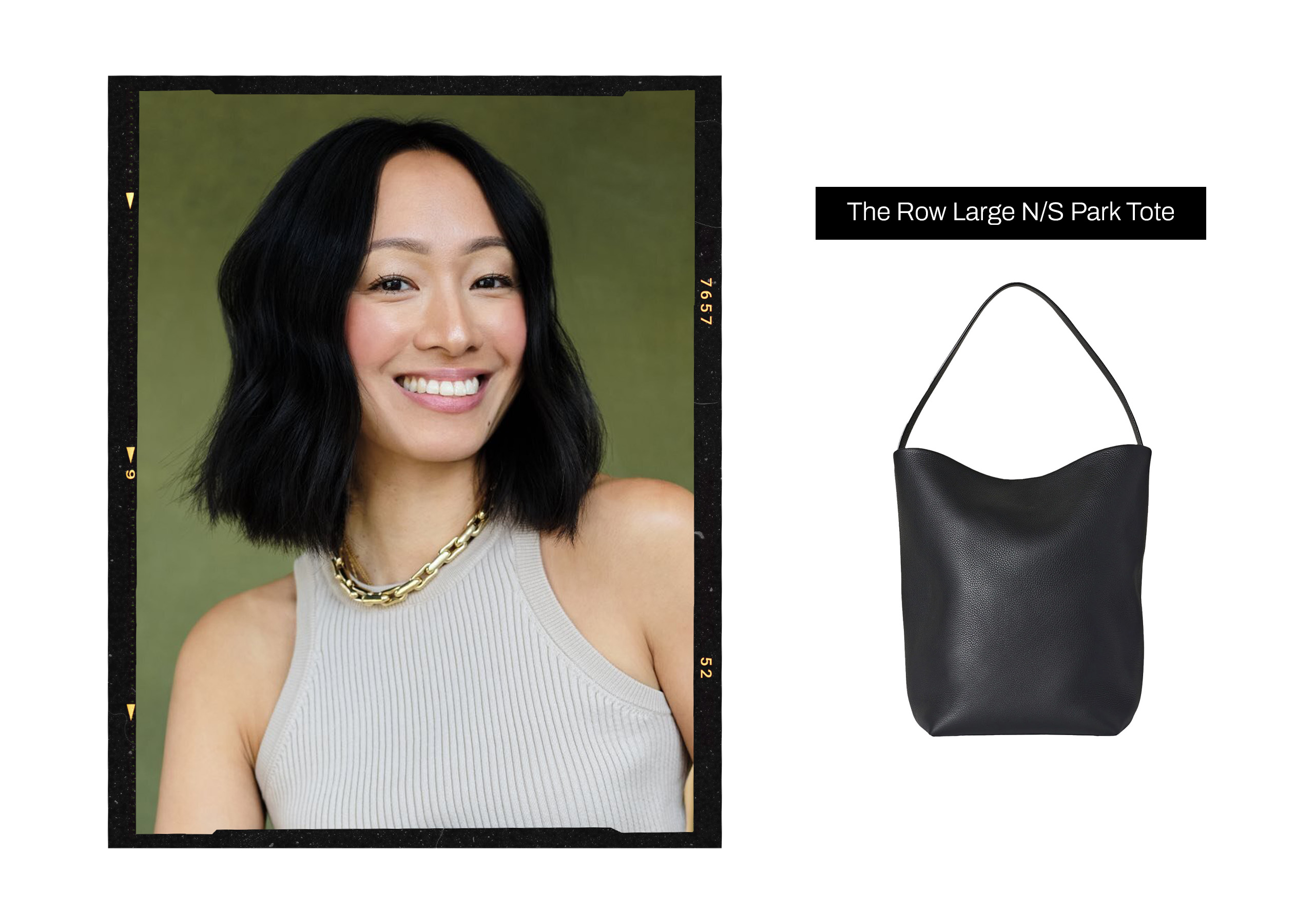 Headshot of Lisa Ing Marinelli within a black film frame next to a product image of a work bag
