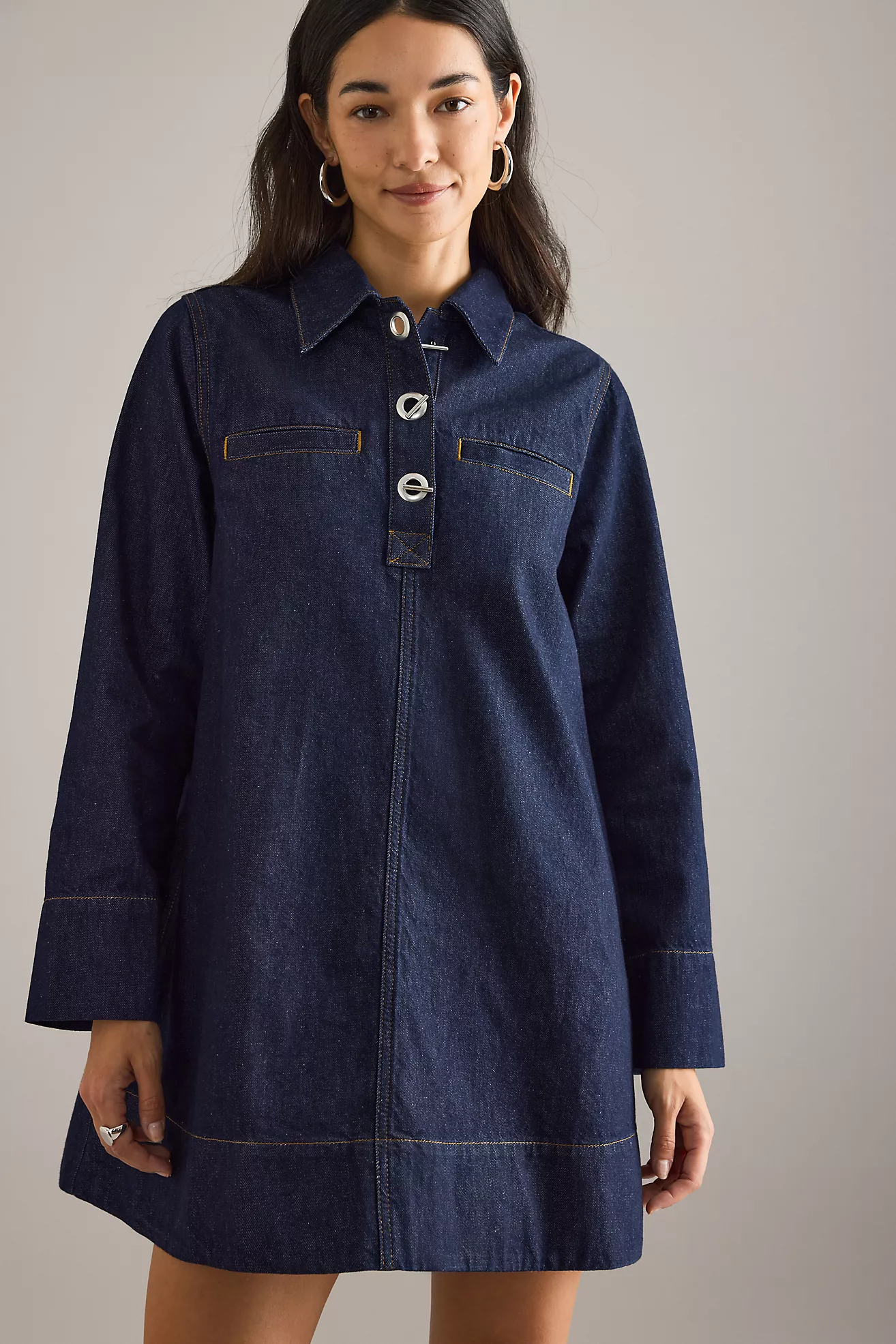 by Anthropologie denim long sleeve eyelet dress