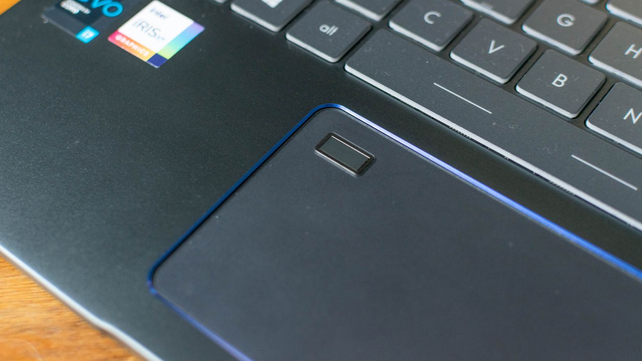 A closeup of the MSI Prestige 14 Evo's fingerprint reader