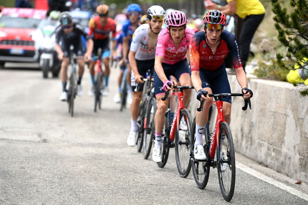 TRE CIME DI LAVAREDO ITALY MAY 26 LR Joo Almeida of Portugal and UAE Team Emirates White Best Young Rider Jersey Geraint Thomas of The United Kingdom Pink Leader Jersey and Thymen Arensman of The Netherlands and Team INEOS Grenadiers compete during the 106th Giro dItalia 2023 Stage 19 a 183km stage from Longarone to Tre Cime di Lavaredo 2307m UCIWT on May 26 2023 in Tre Cime di Lavaredo Italy Photo by Tim de WaeleGetty Images