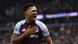 Aston Villa's English striker #11 Ollie Watkins celebrates after scoring their second goal during the English Premier League football match between Aston Villa and Liverpool at Villa Park in Birmingham, central England on May 15, 2026. (Photo by Darren Staples / AFP via Getty Images) / RESTRICTED TO EDITORIAL USE.