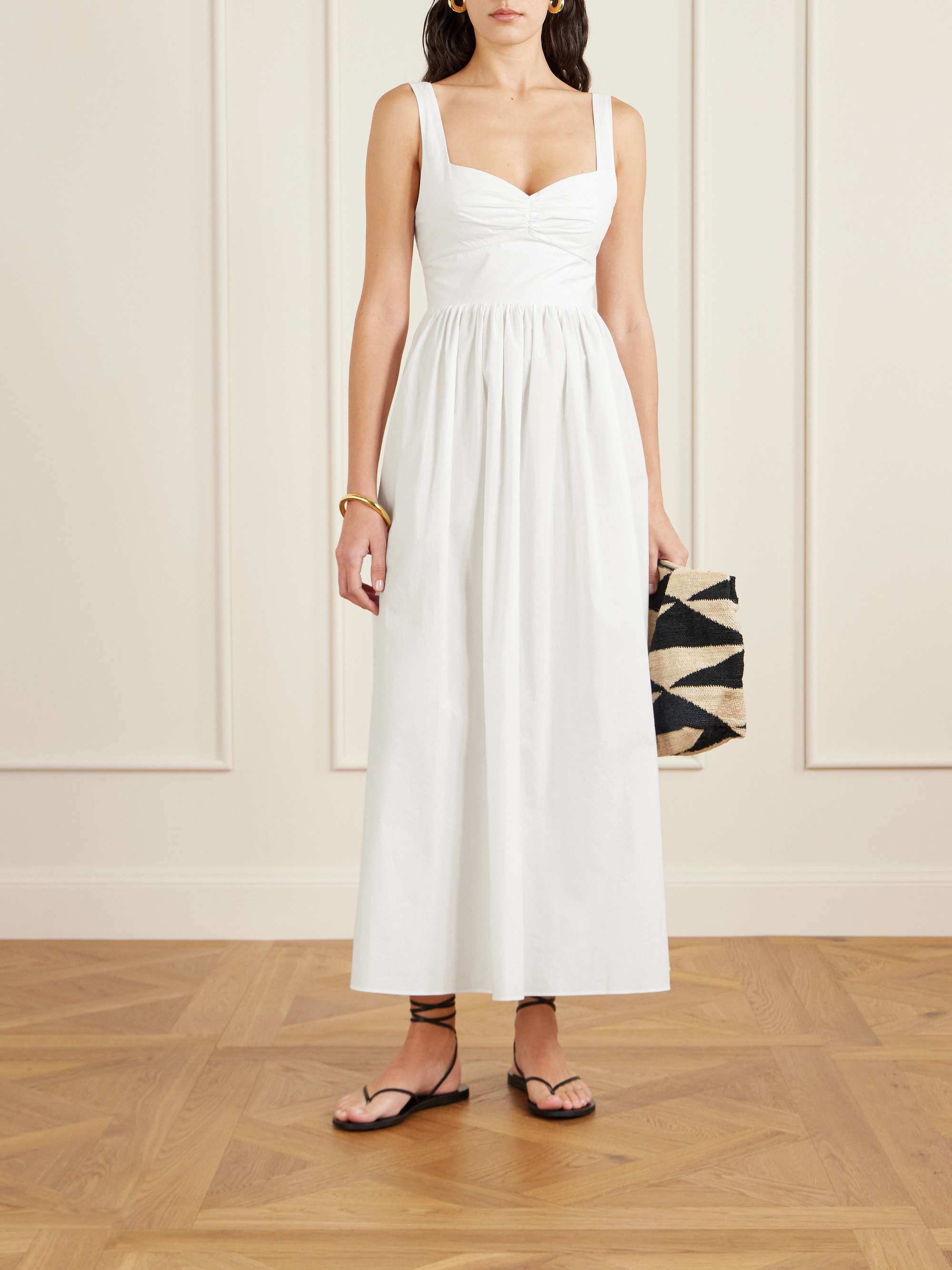 Gathered Organic Cotton-Poplin Midi Dress