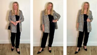 Antonia Kraskowski styling barrel leg jeans for work with a tweed blazer, black heels and handbag