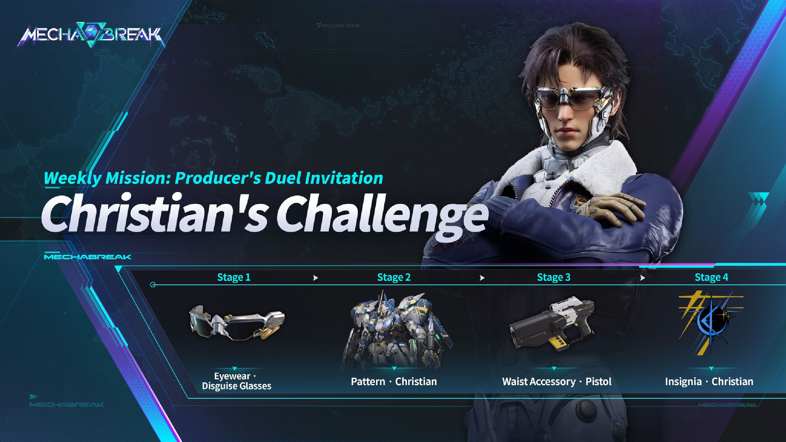 Mecha Break events: An event overview screen for the Christian's Challenge event, showing the character in the background and the various rewards in the foreground.
