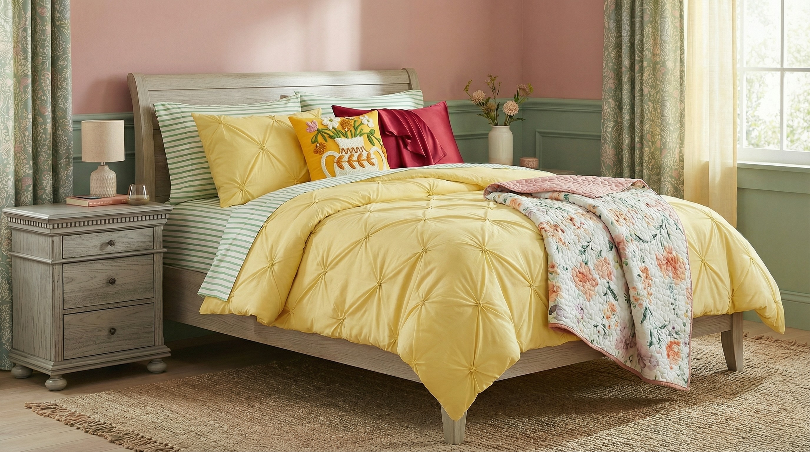 A bedroom with sunny spring decor, complete with a yellow comforter, sage-green striped duvet, and a rustic, vintage-style nightstand. 